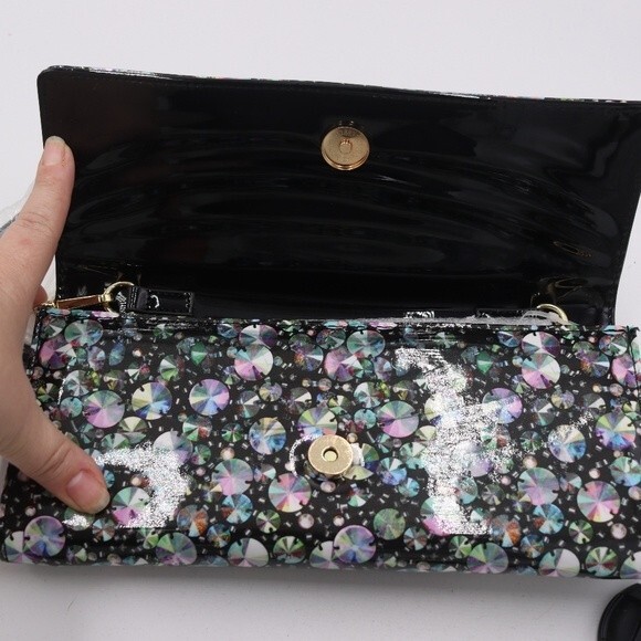 Betsey Johnson Rhinestone Print Mini Crossbody Envelope Bag Gold Chain Strap - Picture 7 of 8